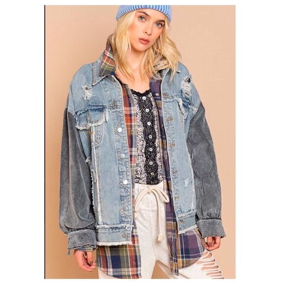 DENIM Distressed Jacket with Corduroy Sleeves Oversized Fit - Picture 11 of 16